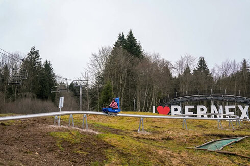 Les plaisirs de la luge toute l'année avec vue sur les Alpes en Auvergne-Rhône-Alpes (France)